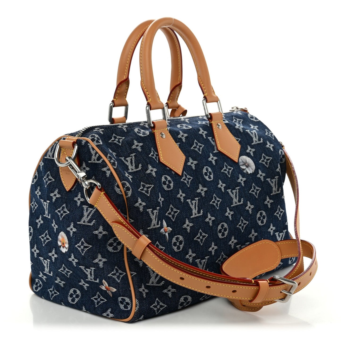 Monogram Heritage Denim Flowers Speedy Soft 30 Blue