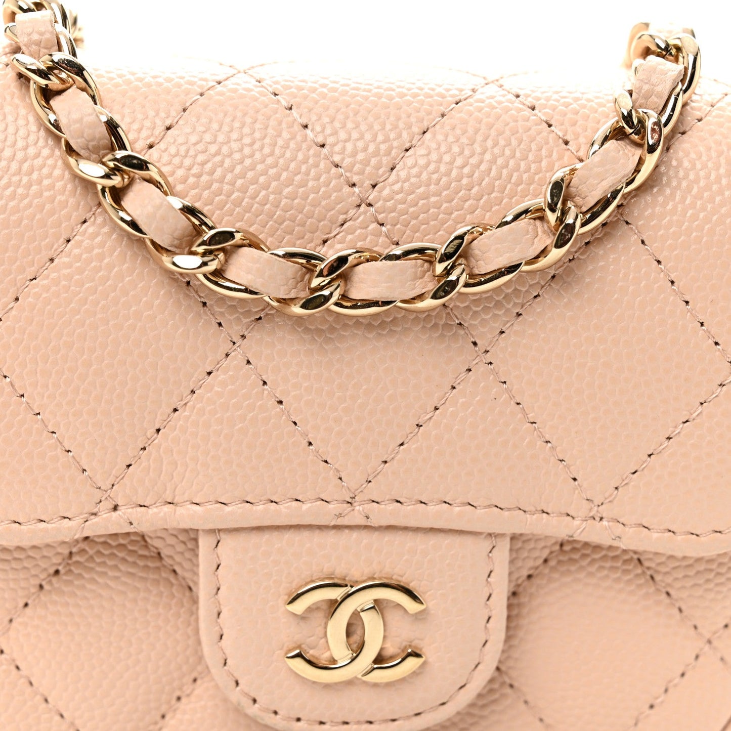 Caviar Quilted Mini Clutch With Chain Light Beige