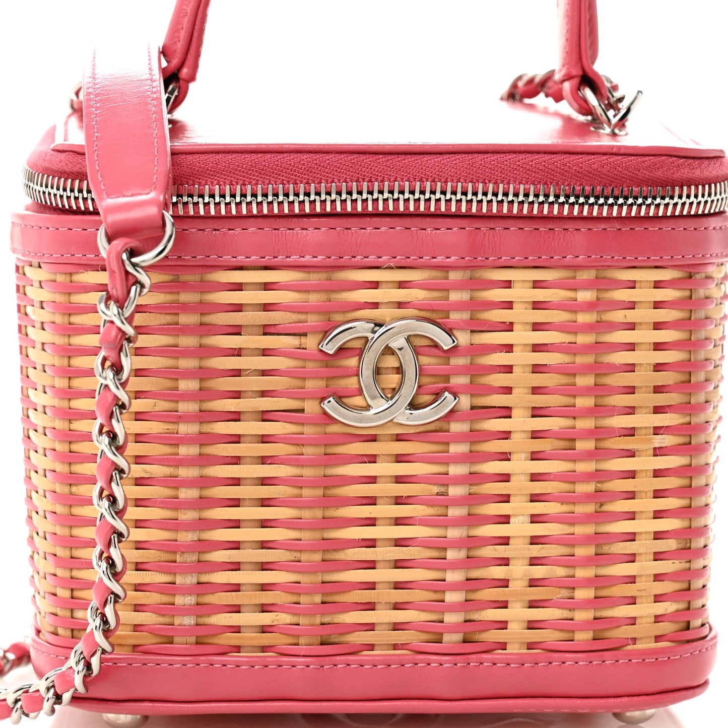 Calfskin Raffia Small Take Away Vanity Case Bag Pink Beige