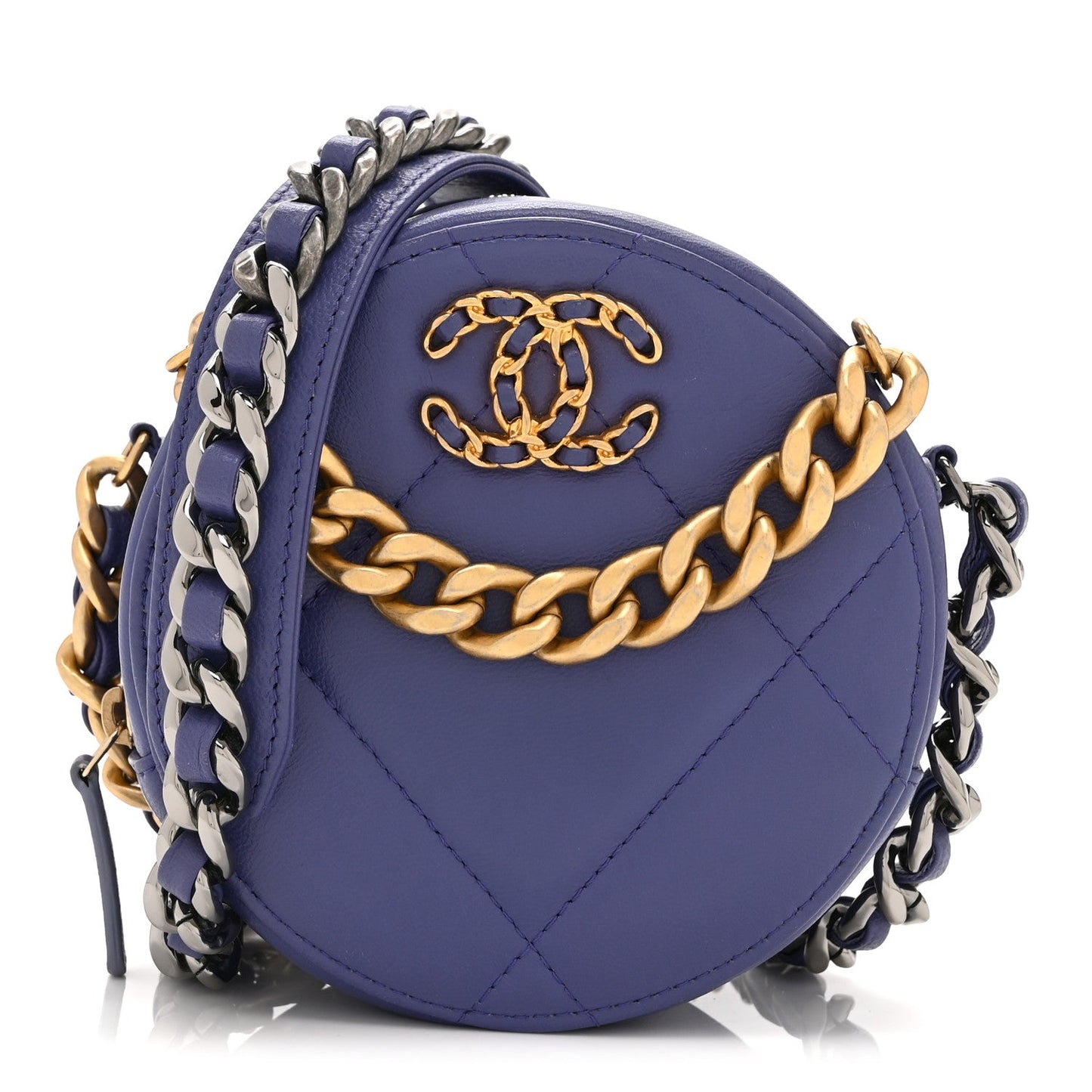 Lambskin Quilted Chanel 19 Round Clutch With Chain Purple