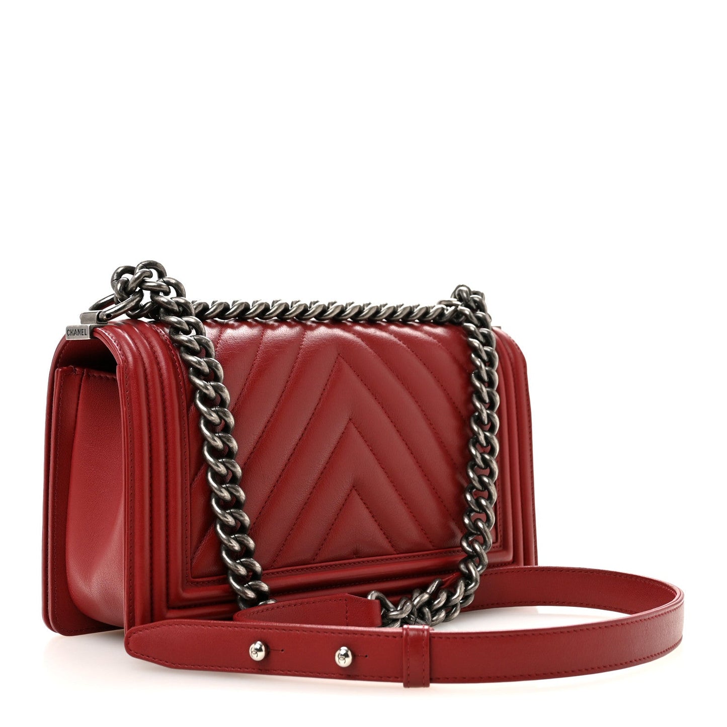 Calfskin Chevron Quilted Medium Boy Flap  Dark Red