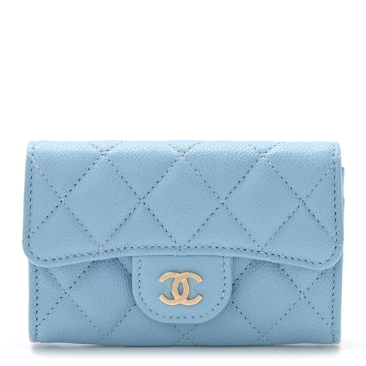 Caviar Quilted Flap Card Holder Wallet Light Blue