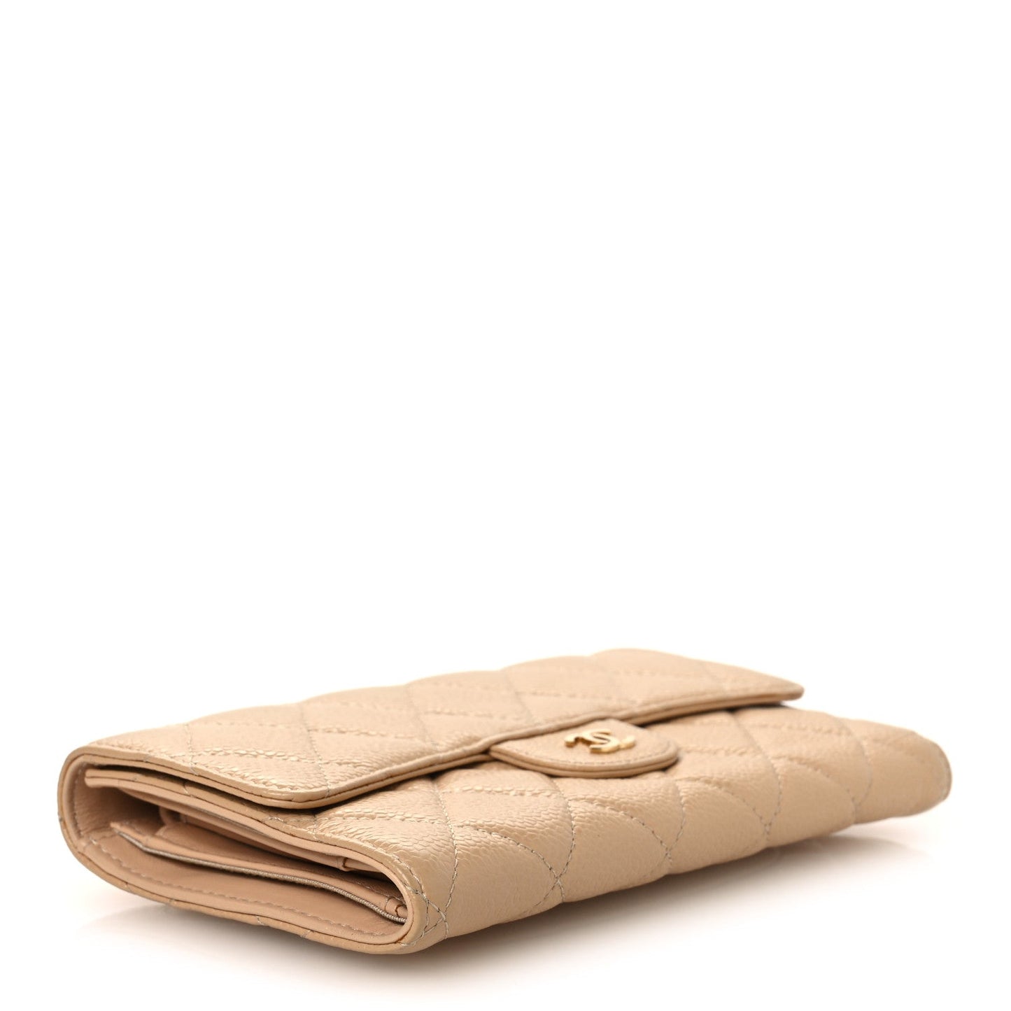 Caviar Quilted Large Gusset Flap Wallet Beige