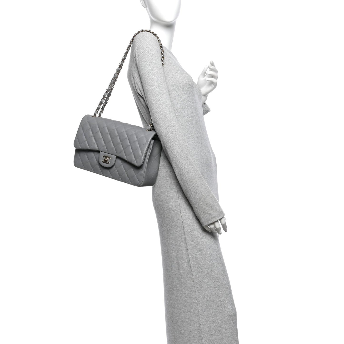 Caviar Quilted Jumbo Double Flap Grey