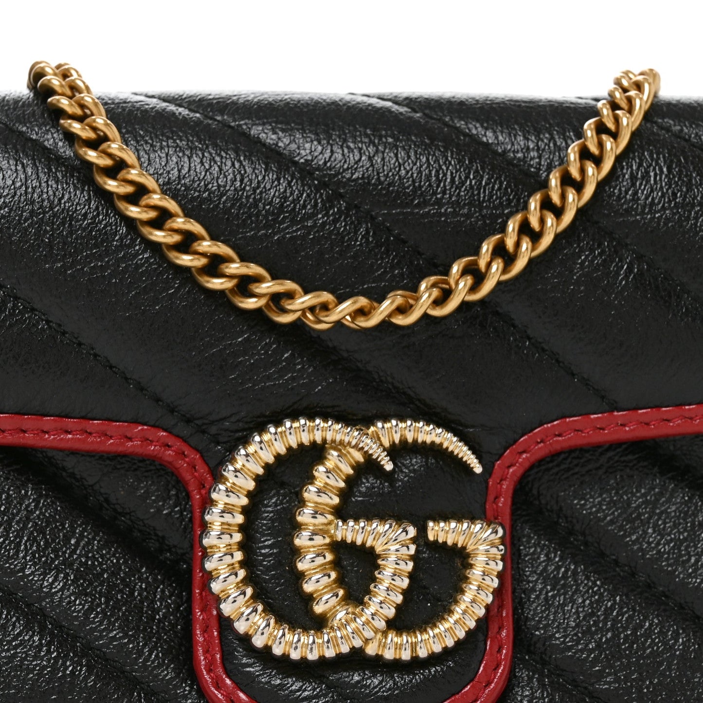 Vintage Effect Calfskin Matelasse Diagonal Super Mini Torchon GG Marmont Shoulder Bag Black Romantic Cherry
