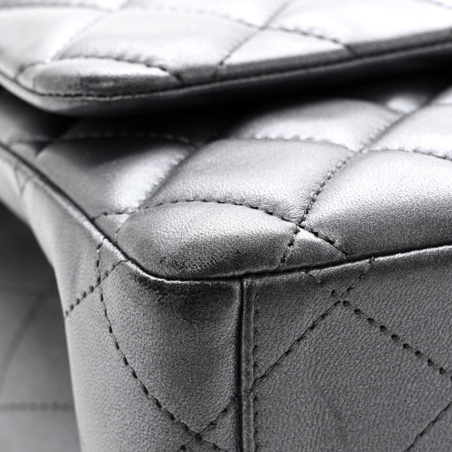 Metallic Lambskin Quilted Maxi Double Flap Pewter