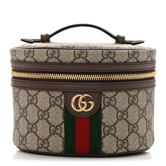 GG Supreme Monogram Textured Calfskin Web Ophidia Vanity Cosmetic Case Beige Ebony New Acero