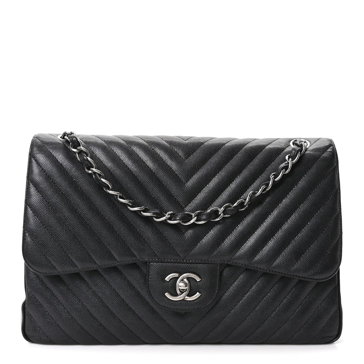 Iridescent Caviar Chevron Quilted Jumbo Double Flap Black