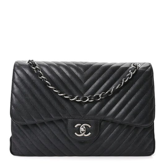 Iridescent Caviar Chevron Quilted Jumbo Double Flap Black