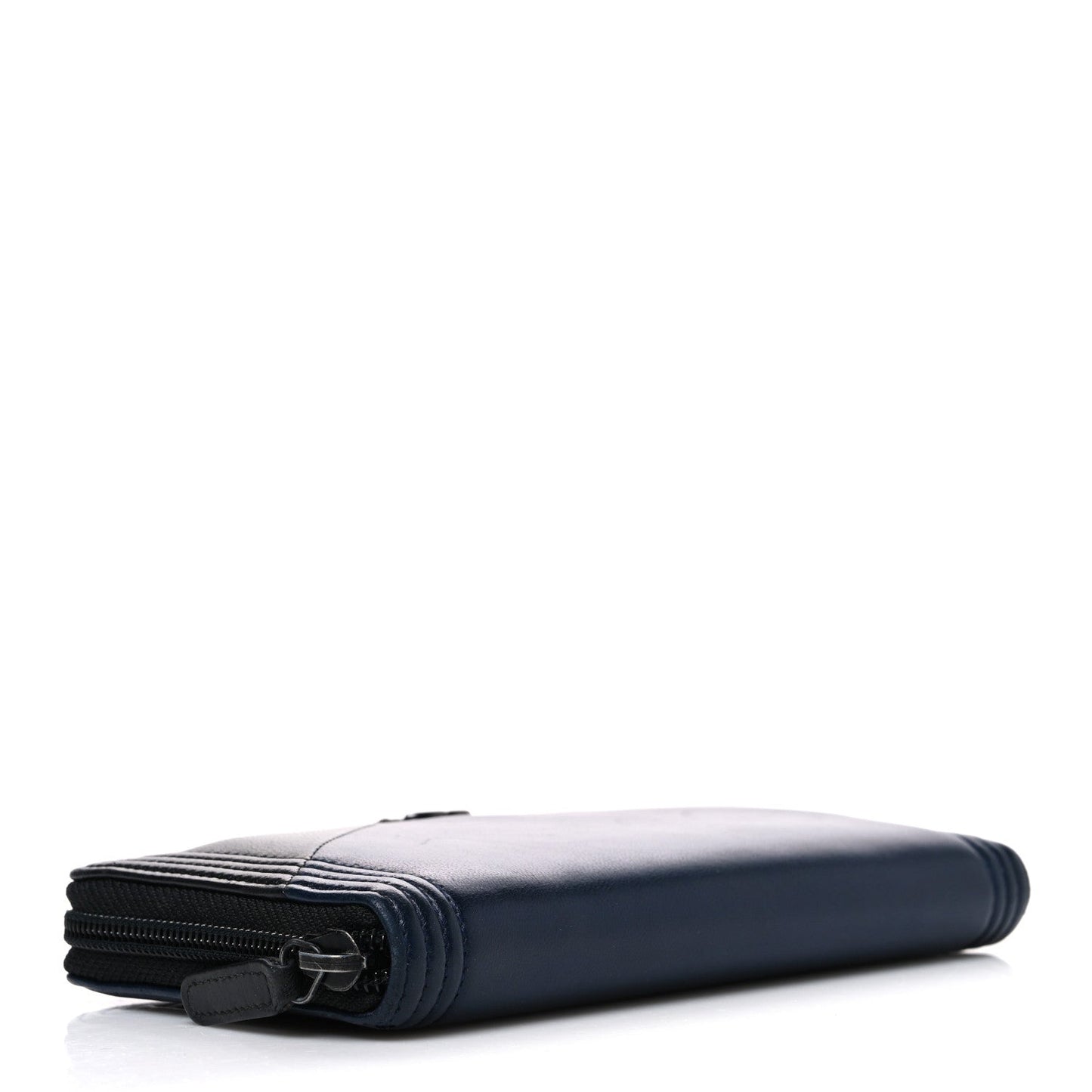 Calfskin Large Bi-Color Zip Around Boy Wallet Black Navy