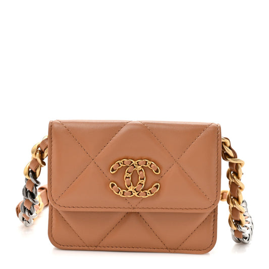 Lambskin Quilted Chanel 19 Flap Belt Bag Brown