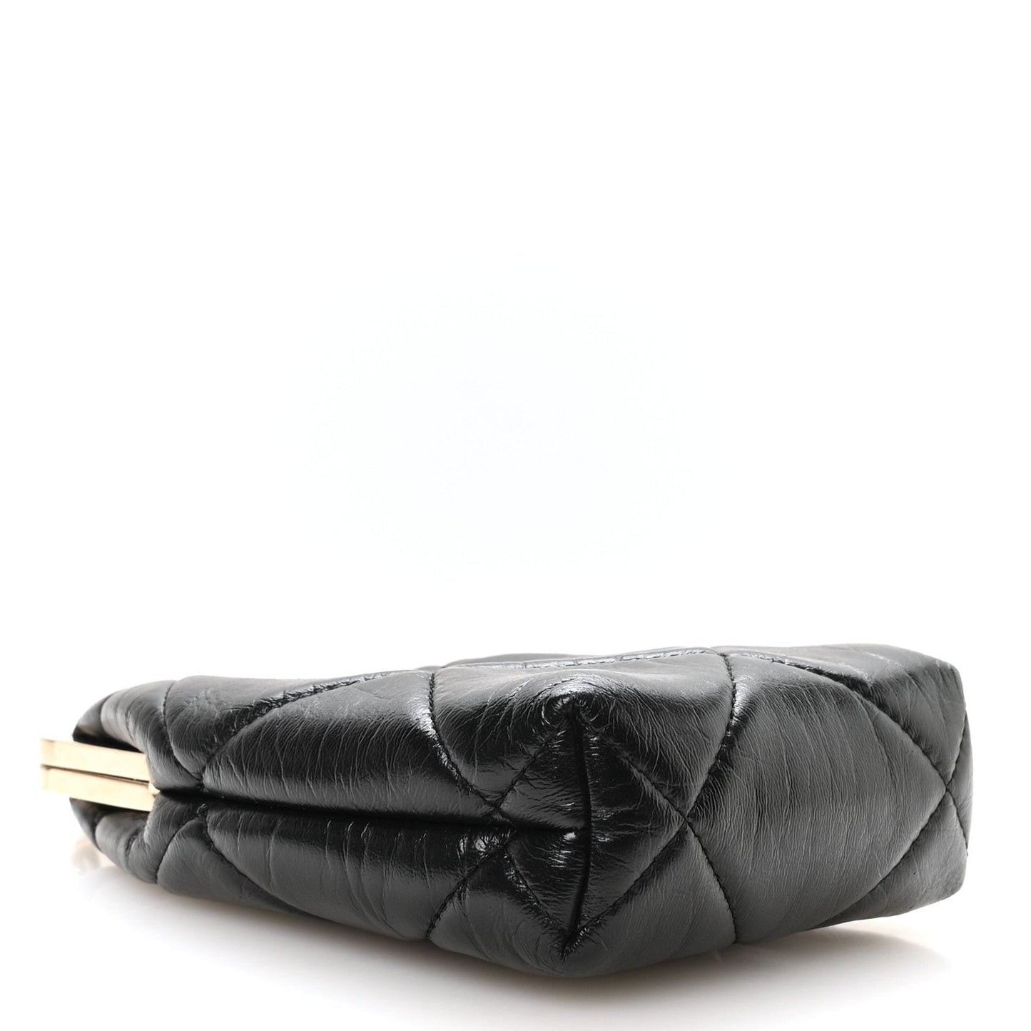 Shiny Aged Lambskin Quilted Kiss Lock Clutch With Chain Black