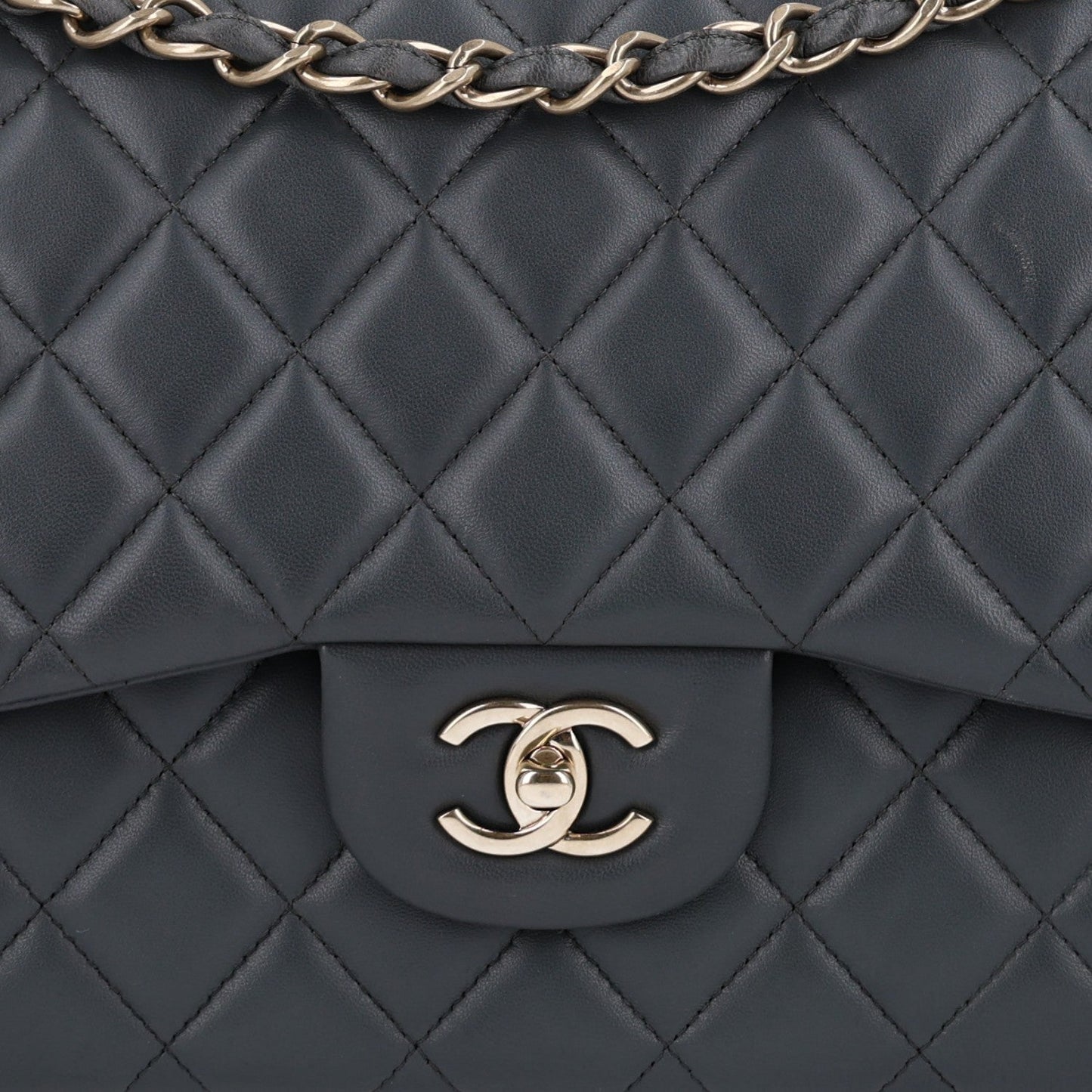 Lambskin Quilted Jumbo Double Flap Dark Grey