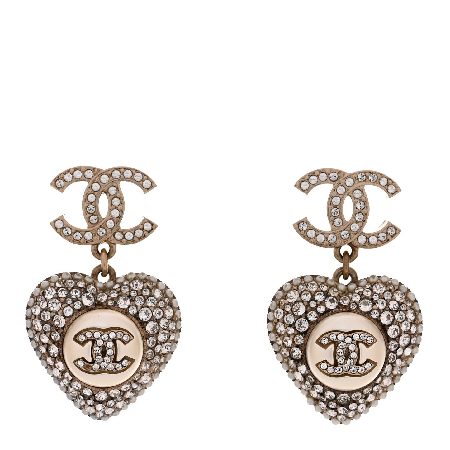 Pearl Crystal CC Heart Drop Earrings Gold White