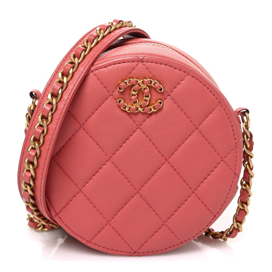 Goatskin Quilted Chanel 19 Round Clutch With Chain  Coral