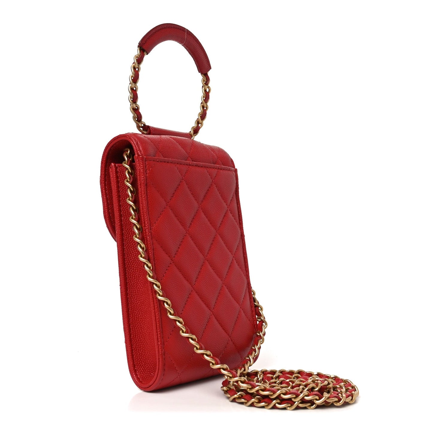 Caviar Quilted Chain Handle Round Phone Holder Red