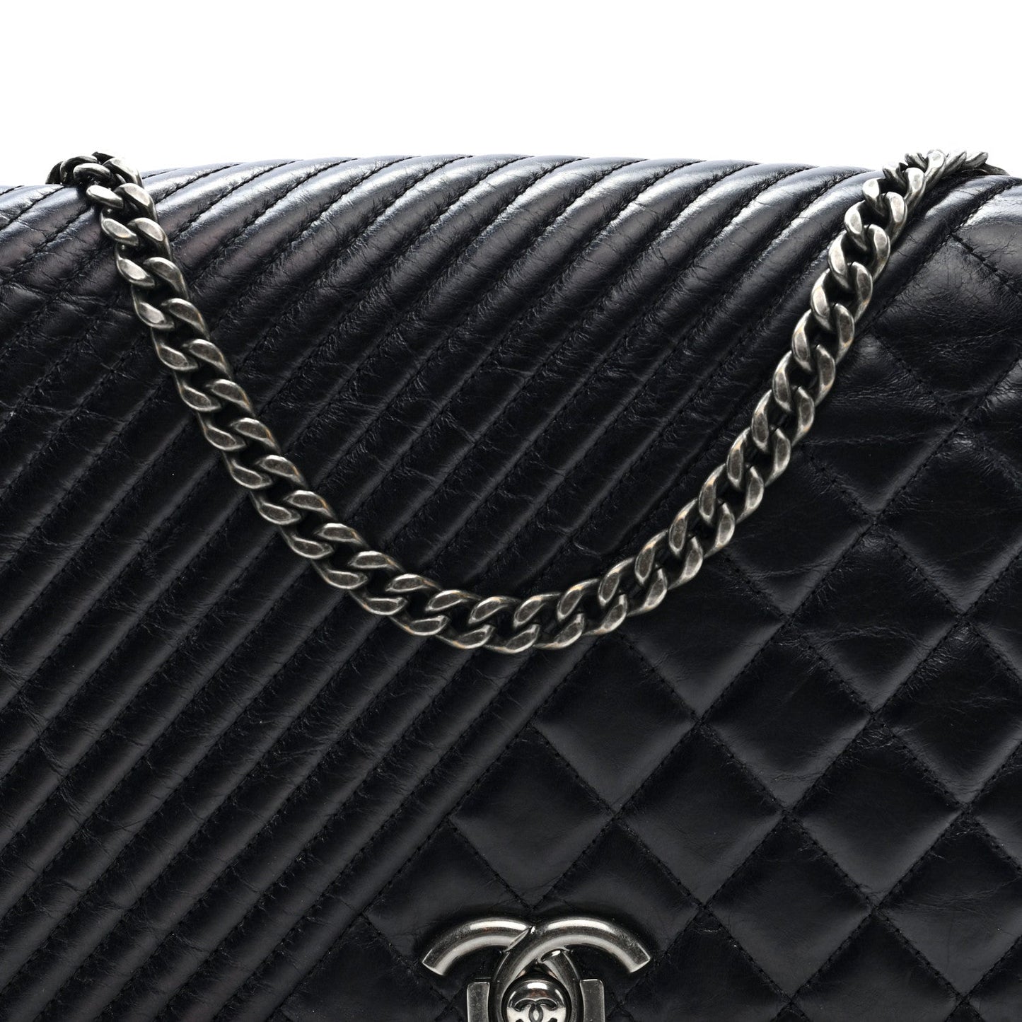 Glazed Calfskin Quilted Large Coco Boy Flap Black