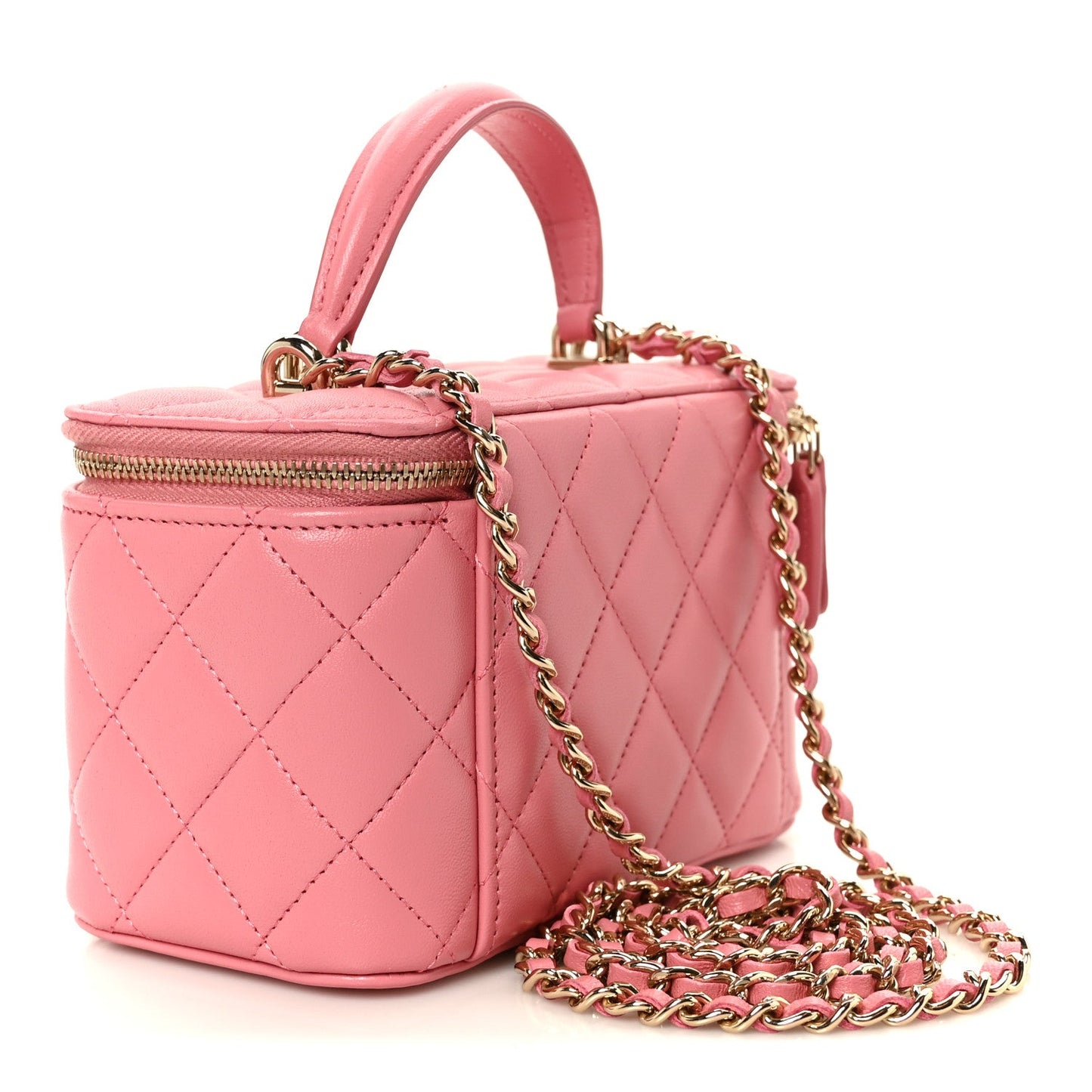 Lambskin Quilted Small Top Handle Vanity Case With Chain Pink