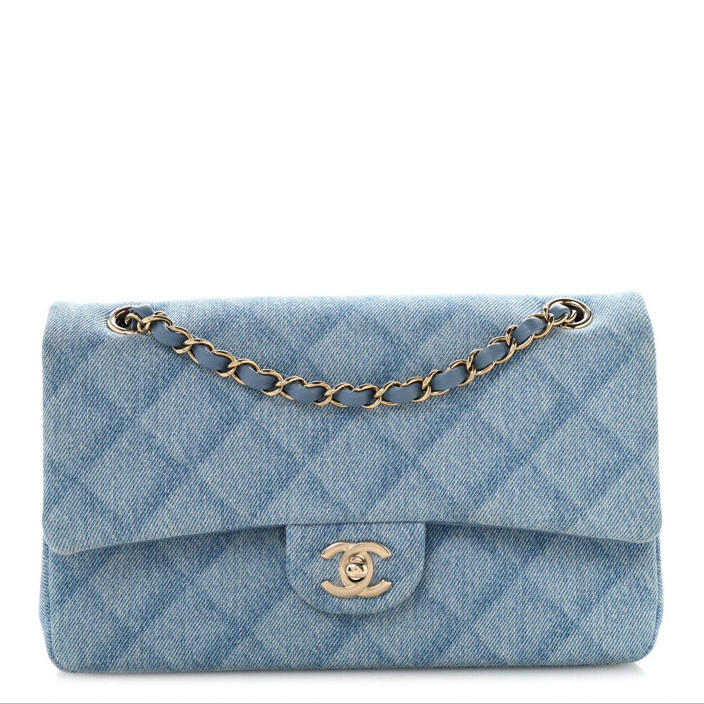 Printed Denim Quilted Medium Double Flap Light Blue