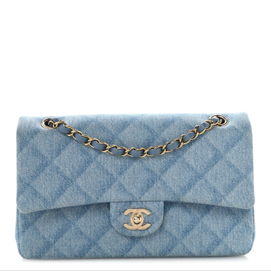 Printed Denim Quilted Medium Double Flap Light Blue