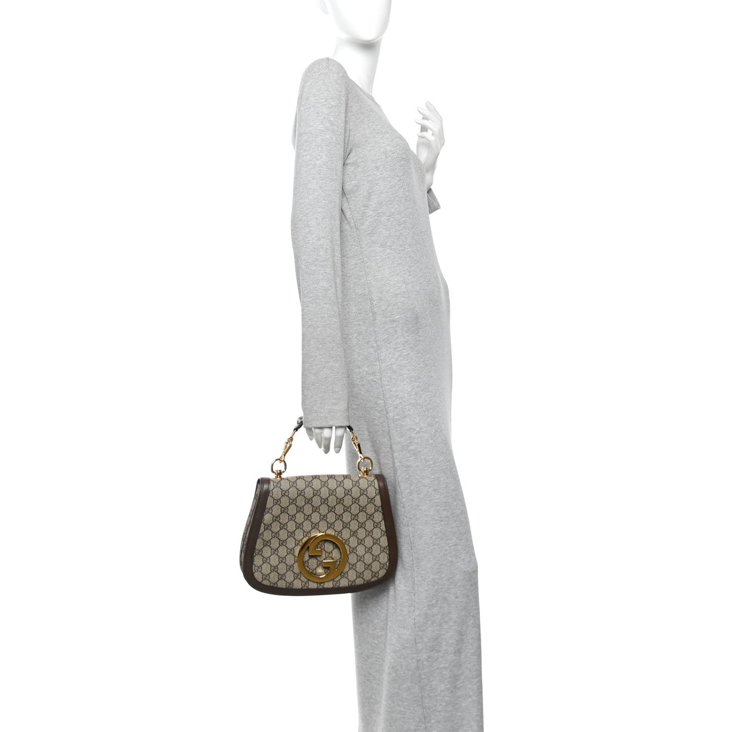 GG Supreme Monogram Textured Dollar Calfskin Web Medium Blondie Top Handle Shoulder Flap Bag Beige Ebony New Acero