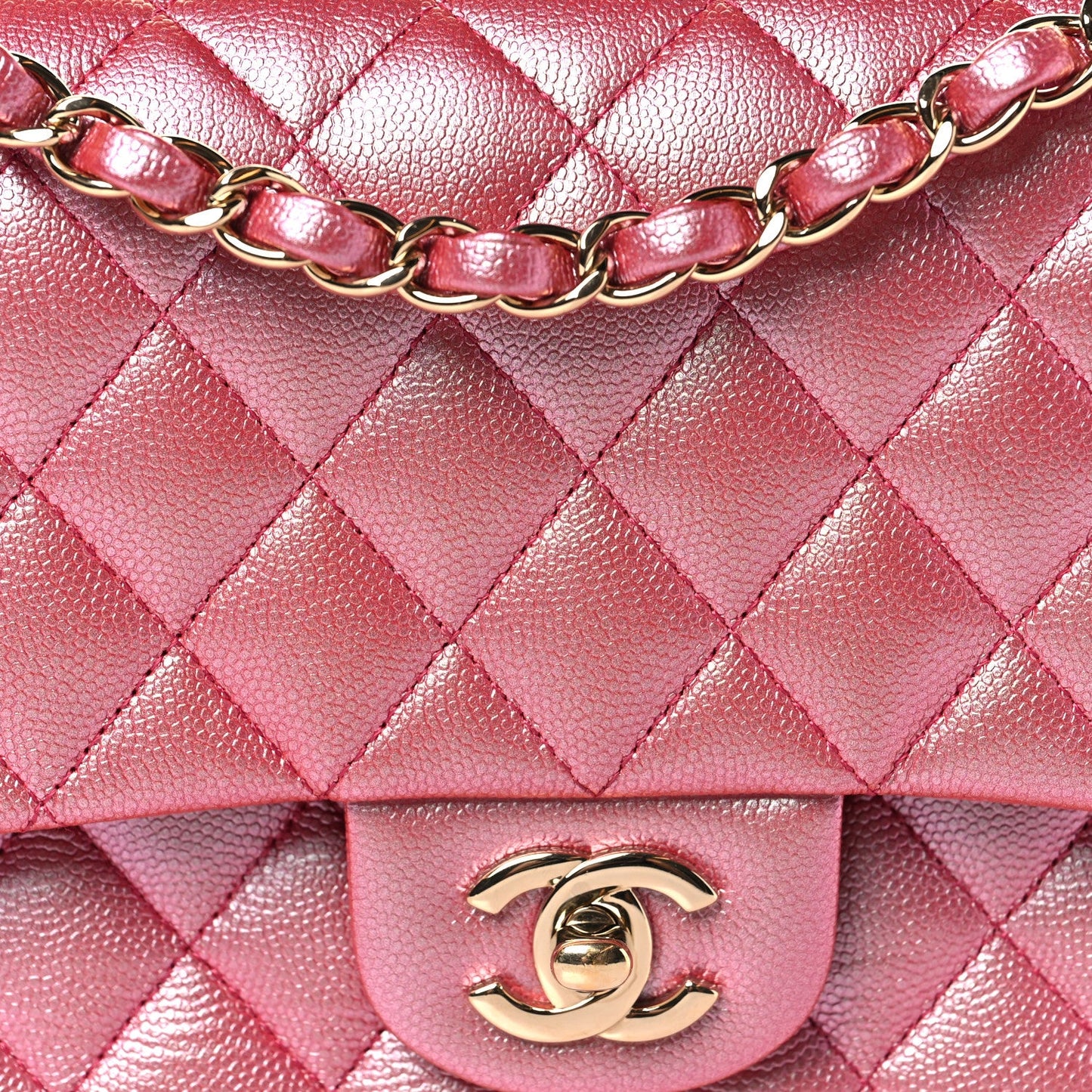 Iridescent Caviar Quilted Medium Double Flap Dark Pink