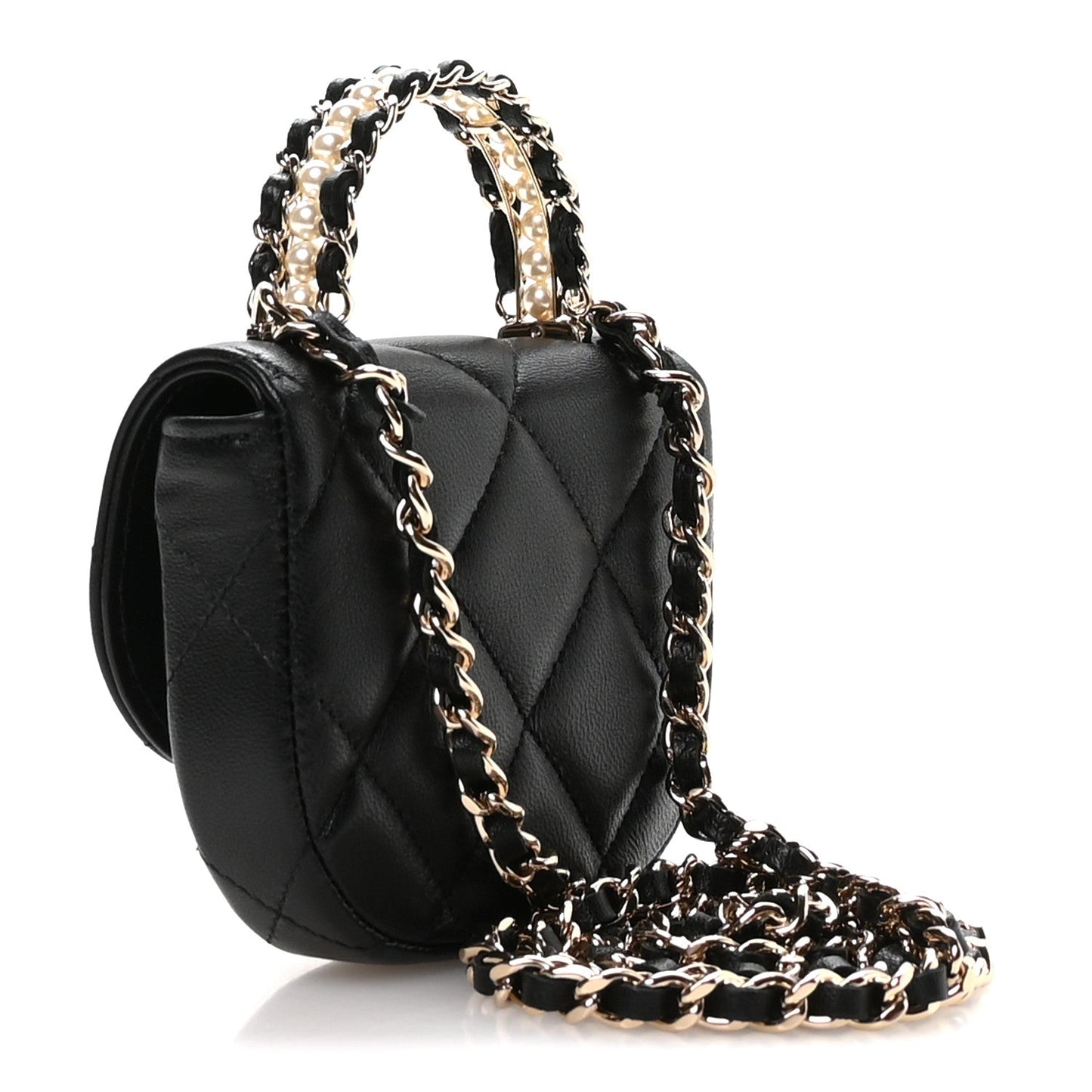 Lambskin Quilted Pearl Top Handle Clutch With Chain Black