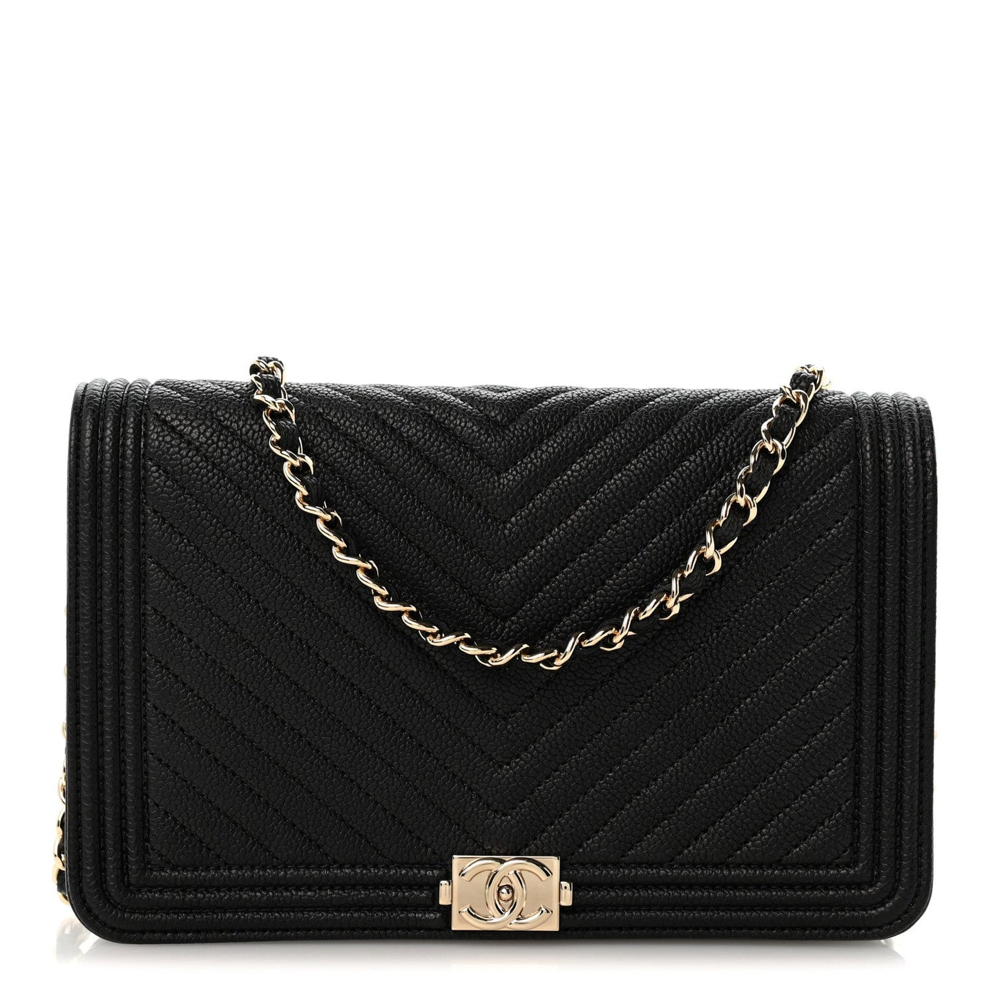 Caviar Chevron Quilted Boy Wallet On Chain WOC Black