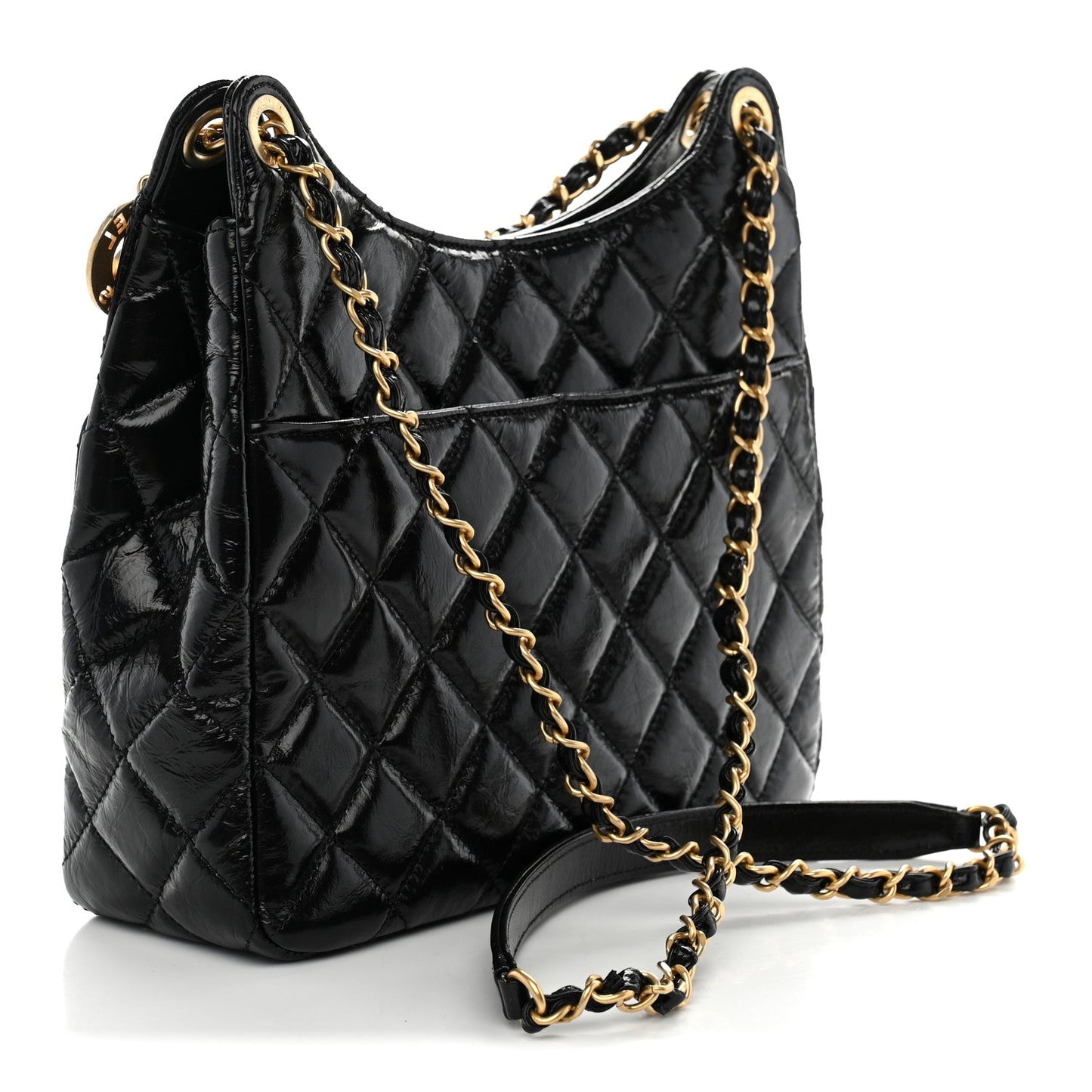 Shiny Crumpled Calfskin Quilted Wavy CC Hobo Black