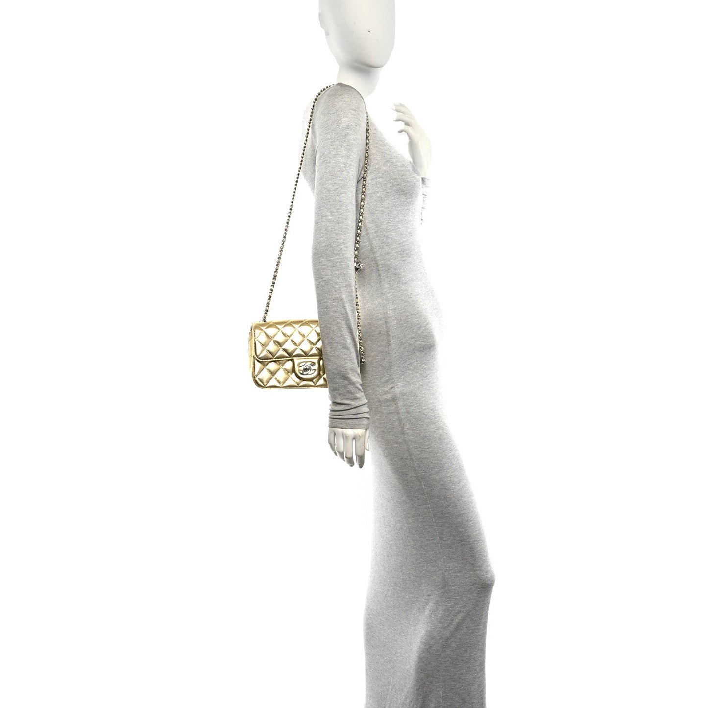 Metallic Lambskin Quilted Mini Rectangular Pearl Crush Flap  Gold