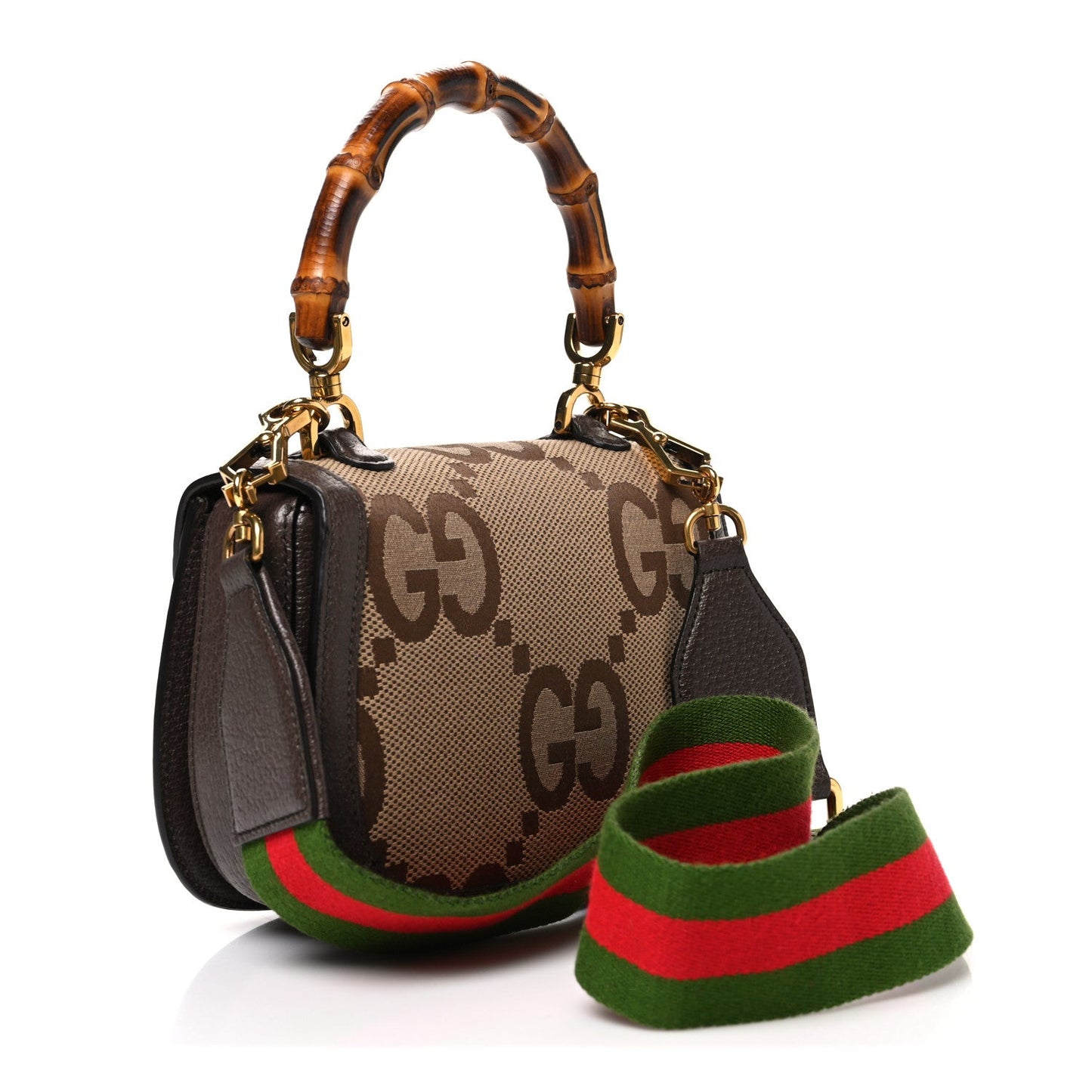 Monogram Jumbo GG Textured Dollar Calfskin Web Small Bamboo 1947 Top Handle Bag Camel Ebony New Acero