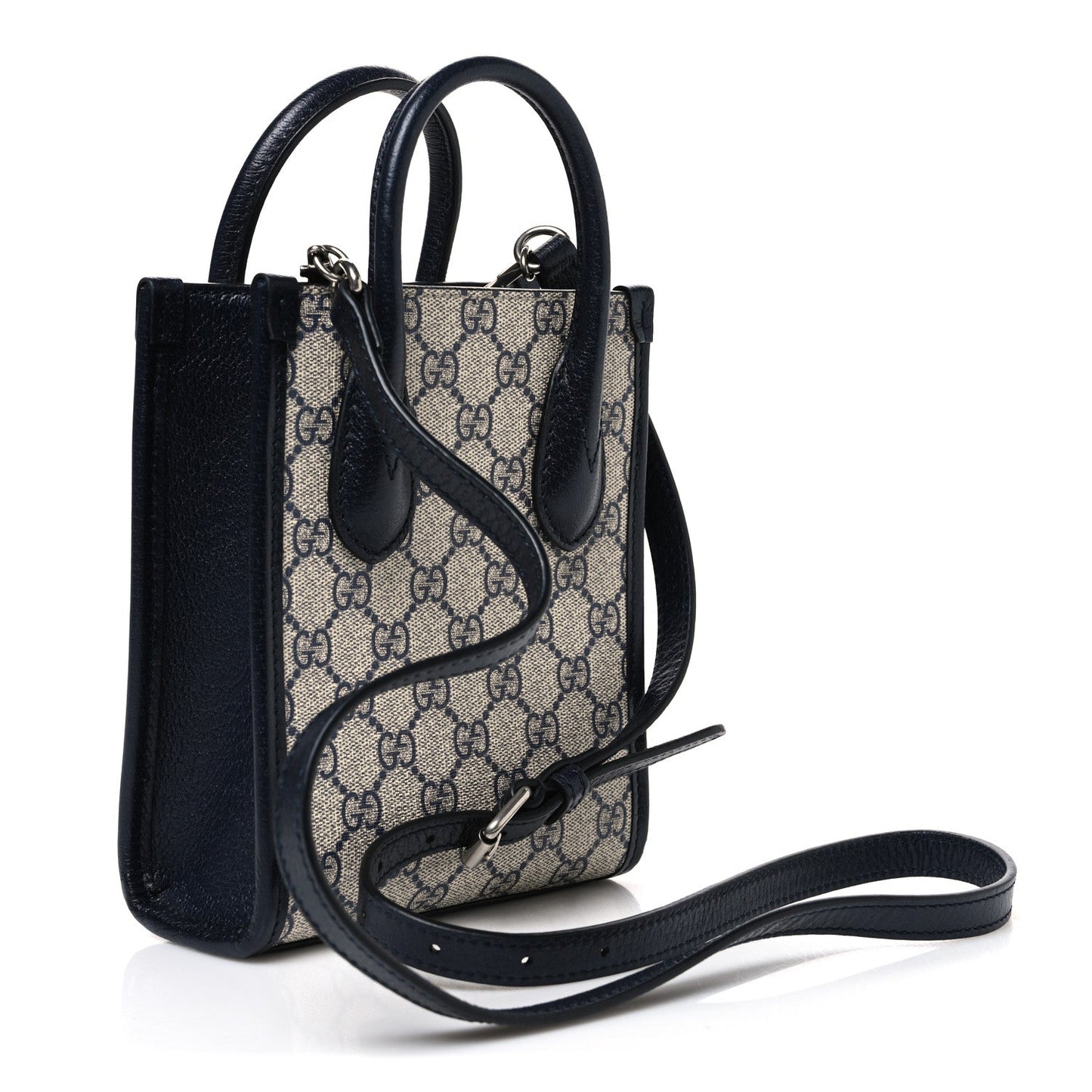GG Supreme Monogram Textured Dollar Calfskin Mini Retro Interlocking G Tote Bag Beige Blue