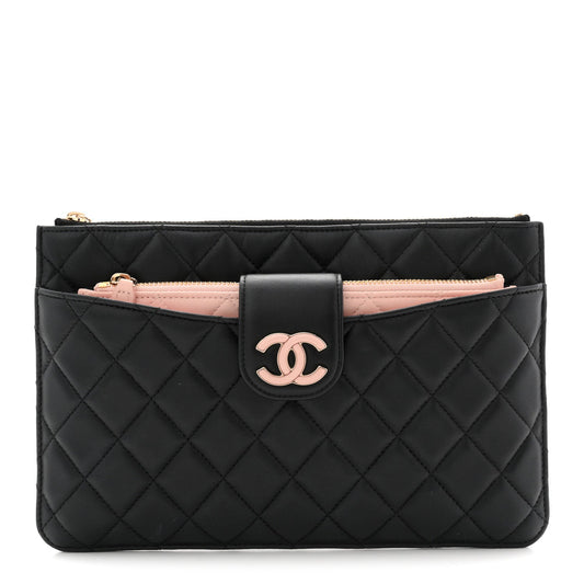 Lambskin Quilted Sunset Boulevard Pouch Case Black Pink