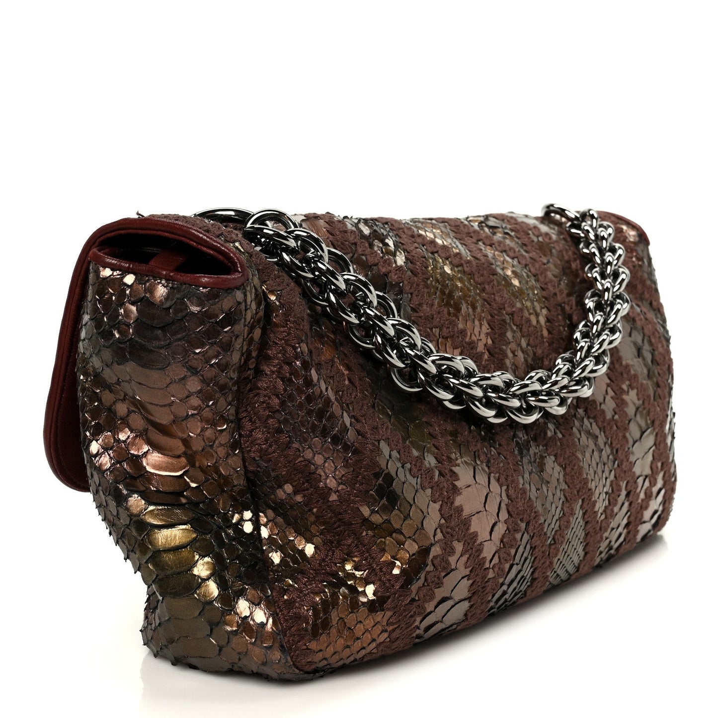 Metallic Snakeskin Crochet Soft and Chain Maxi Flap Burgundy Multicolor