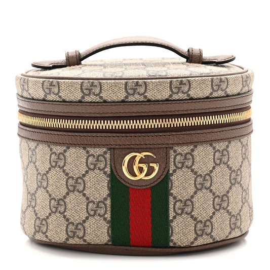 GG Supreme Monogram Textured Calfskin Web Ophidia Vanity Cosmetic Case Beige Ebony New Acero