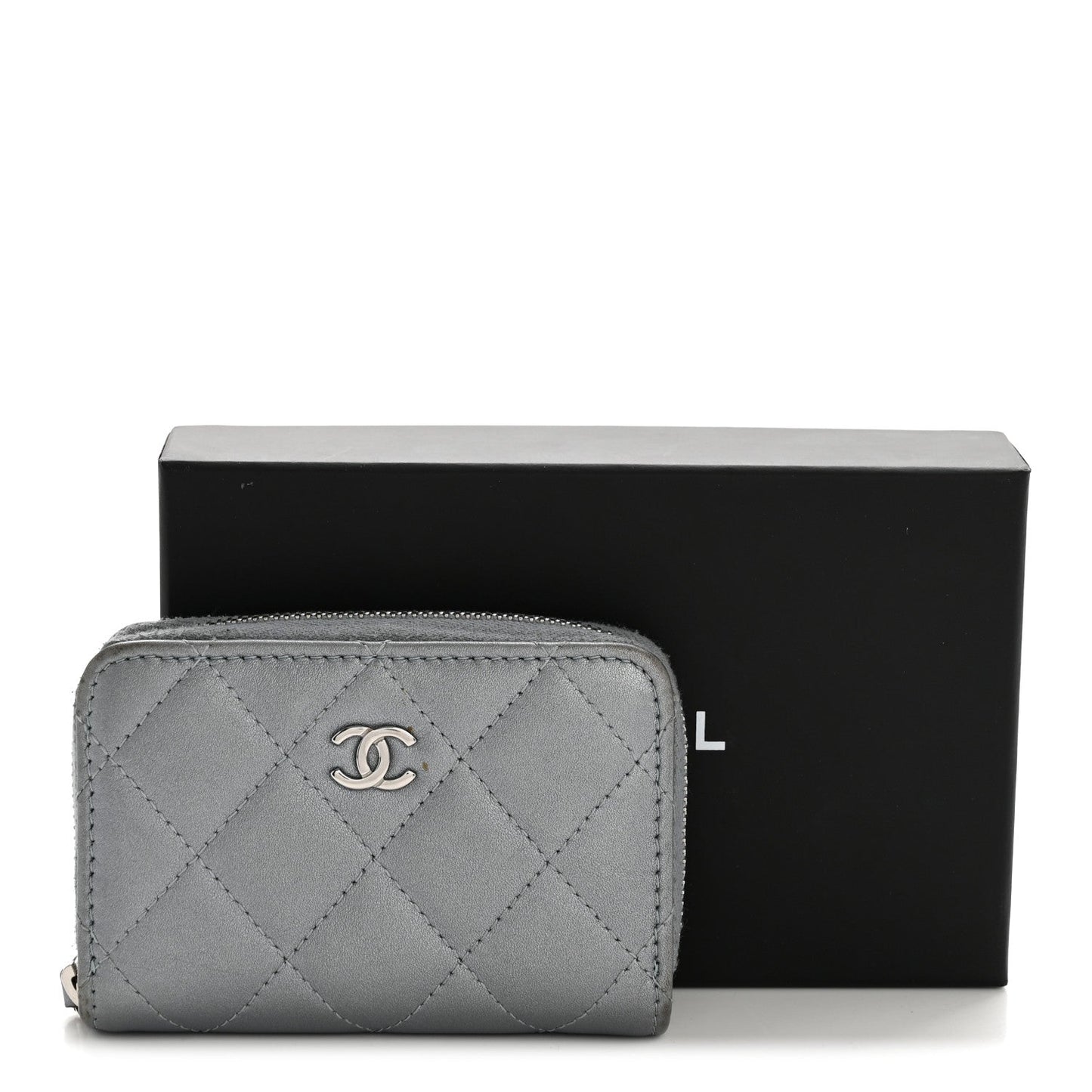 Metallic Lambskin Quilted Zip Around Coin Purse Wallet Silver
