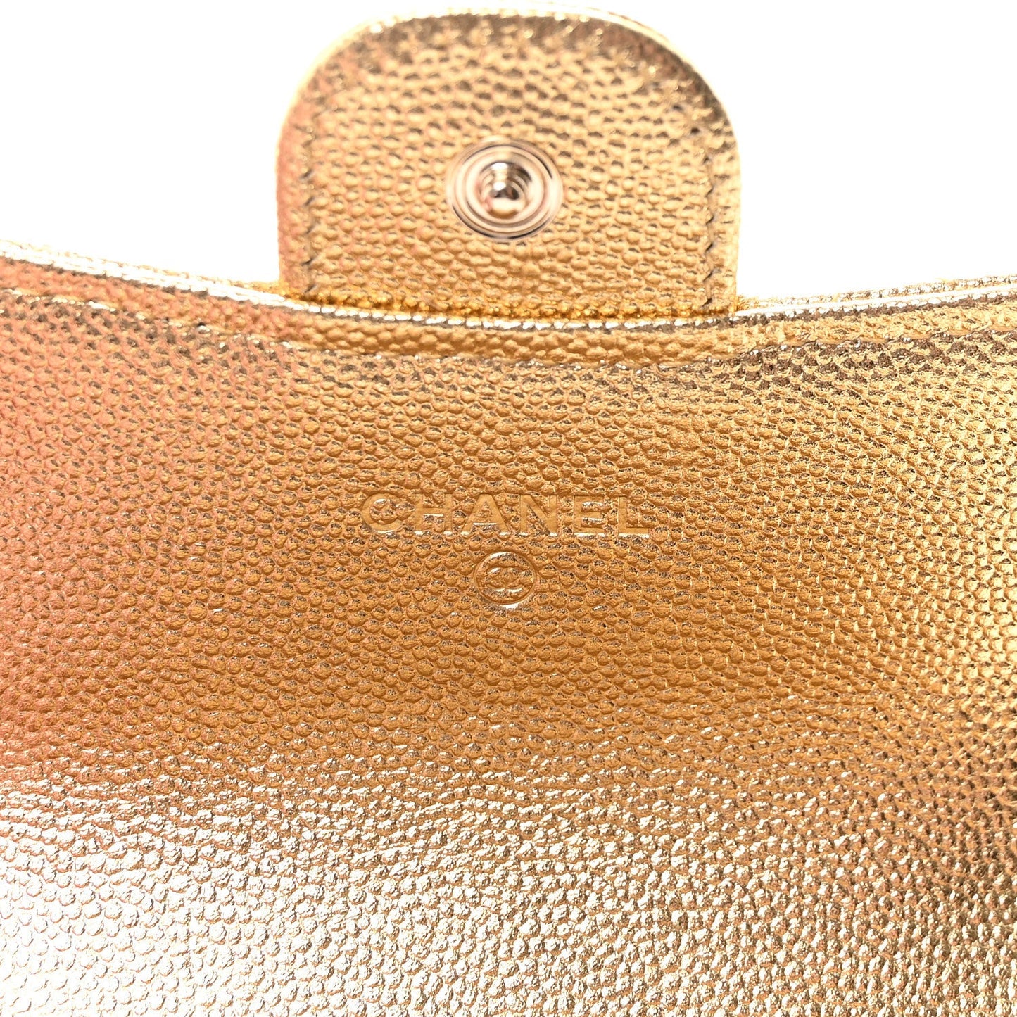 Metallic Caviar Quilted Flap Card Holder Wallet Gold