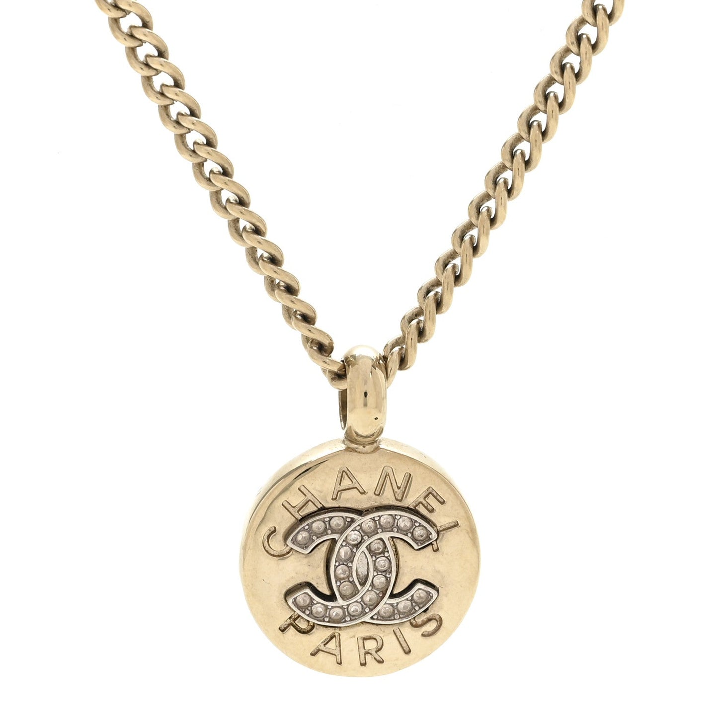 Metal Crystal CC Round Pendant Necklace Gold