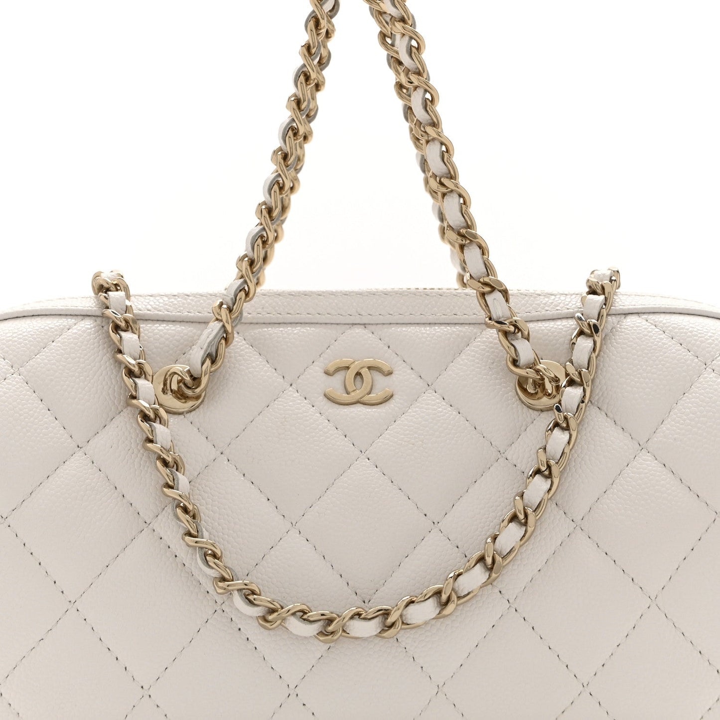 Caviar Quilted Barrel Clutch With Chain White