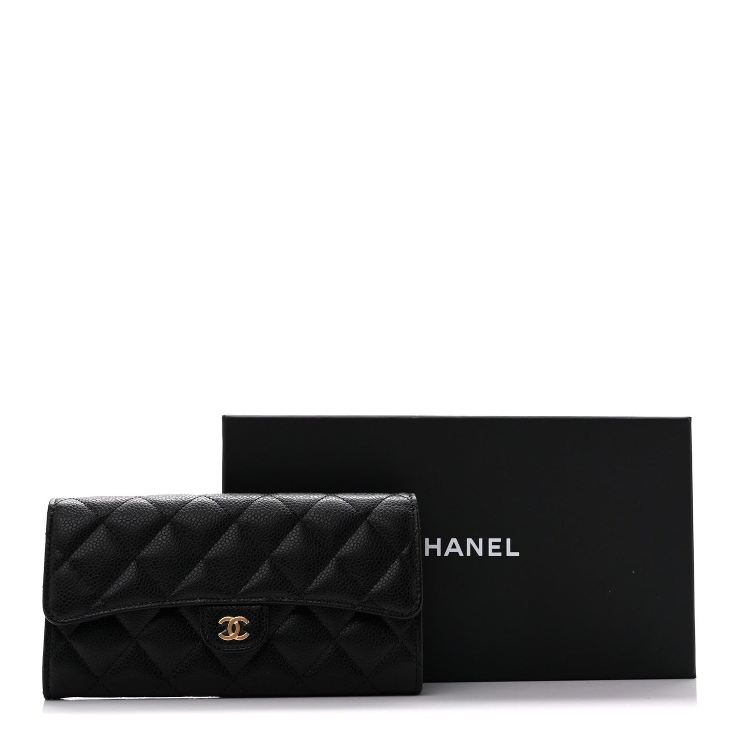 Caviar Quilted Large Gusset Flap Wallet Black