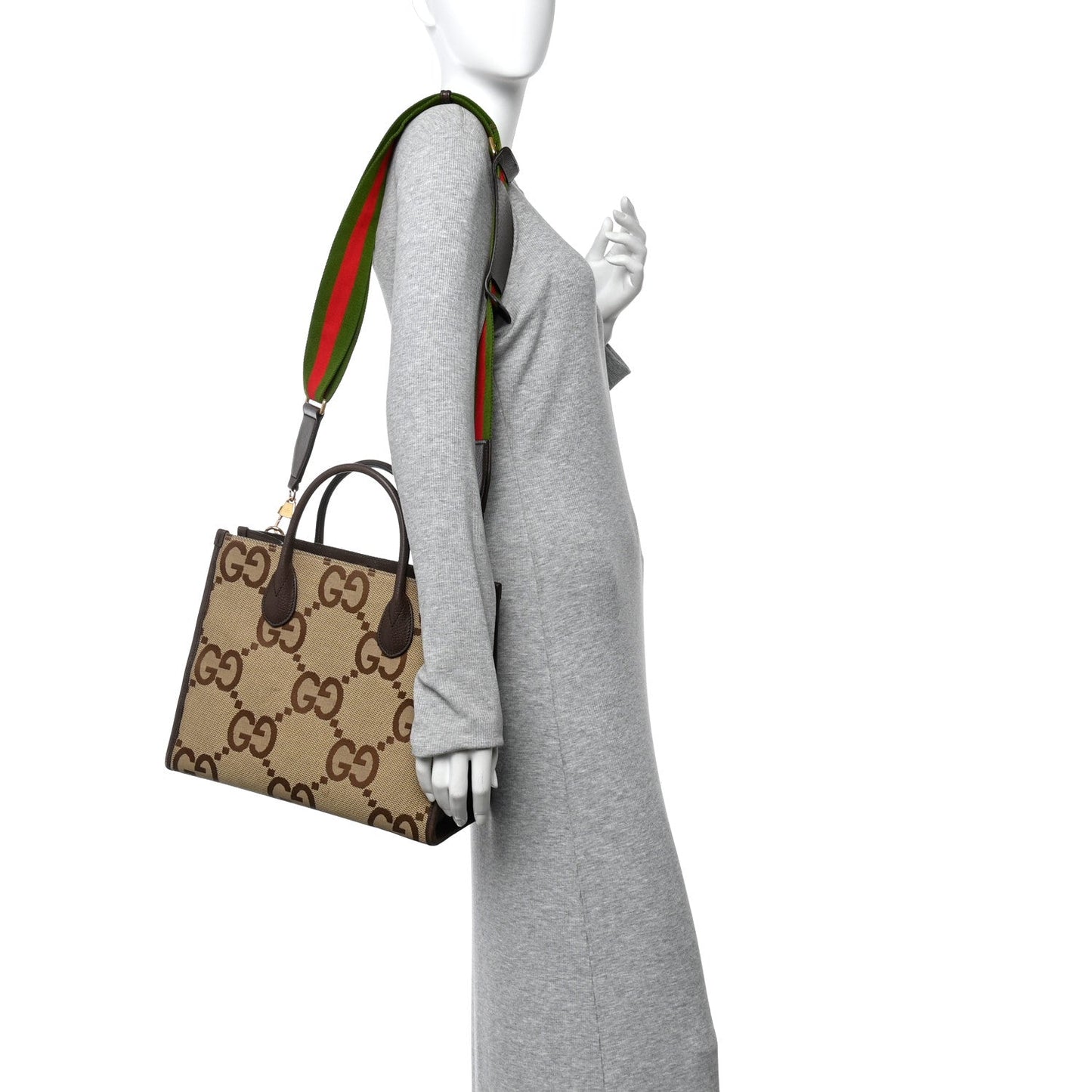 Monogram Jumbo GG Textured Dollar Calfskin Web Small Tote Bag Camel Ebony New Acero