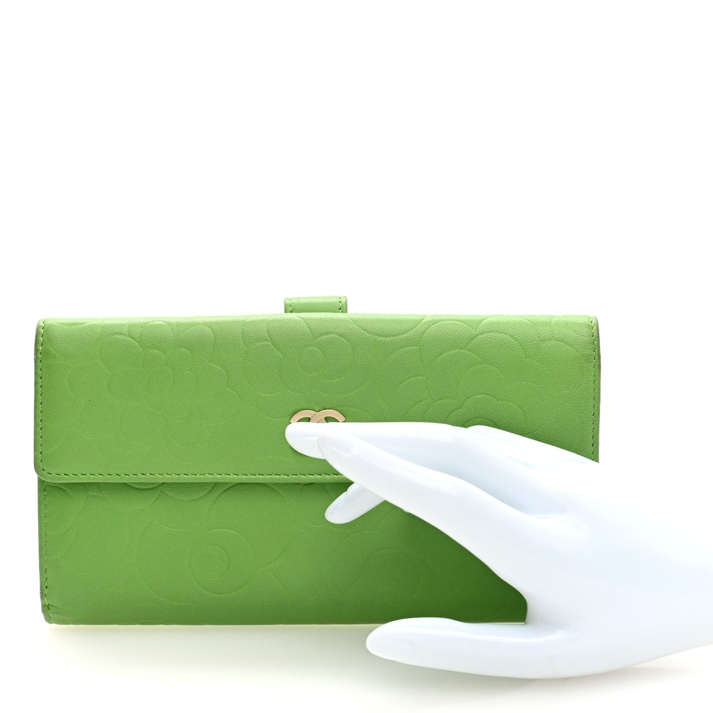 Lambskin Embossed Camellia Large Gusset Flap Wallet Green