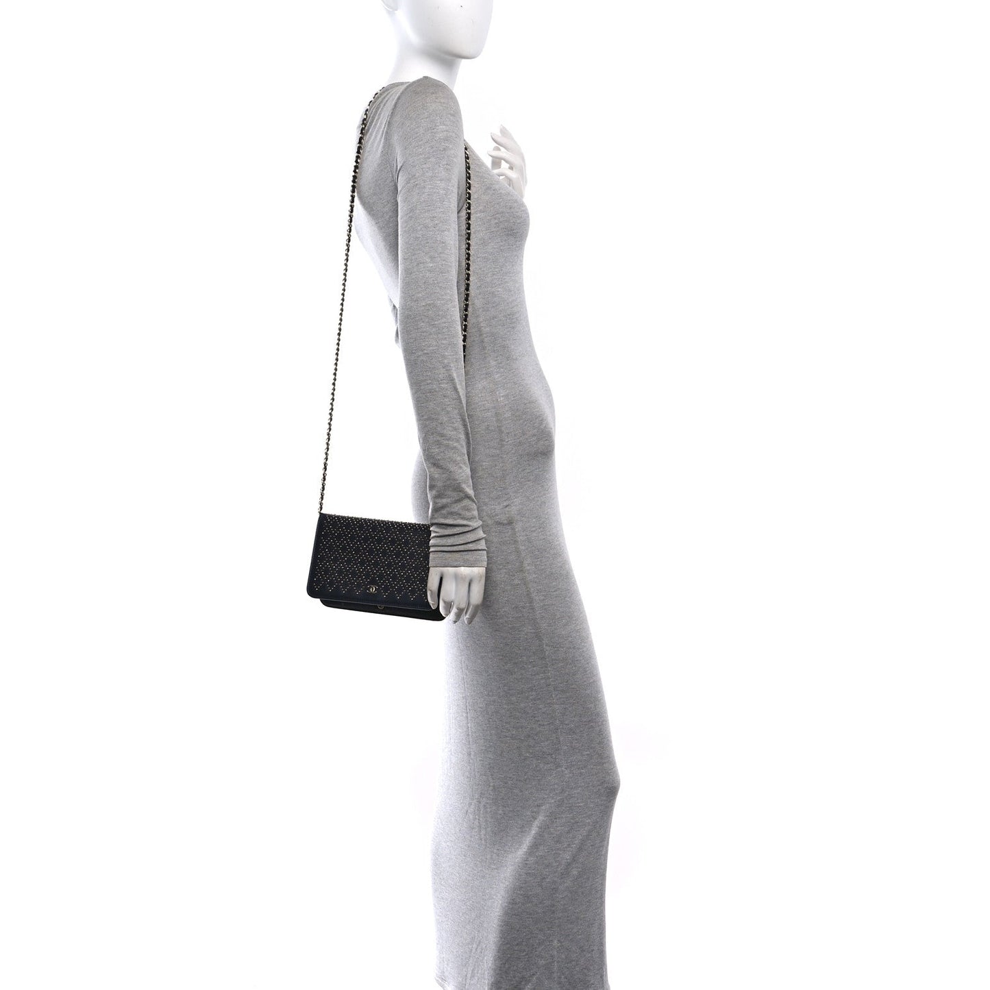 Lambskin Studded Wallet on Chain WOC Grey