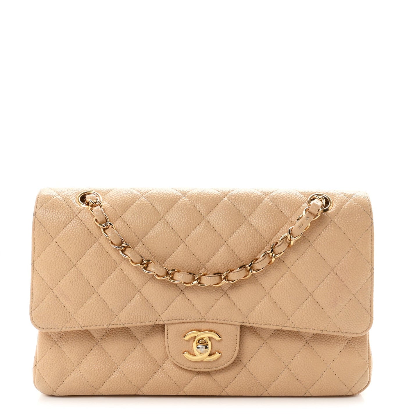 Caviar Quilted Medium Double Flap Beige