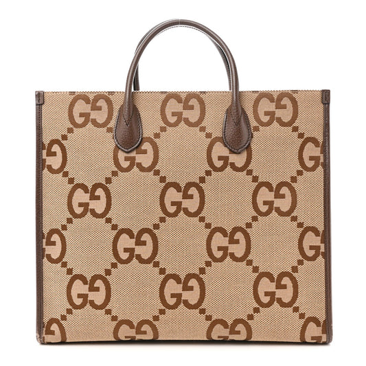 Monogram Jumbo GG Textured Dollar Calfskin Web Tote Bag Camel Ebony New Acero