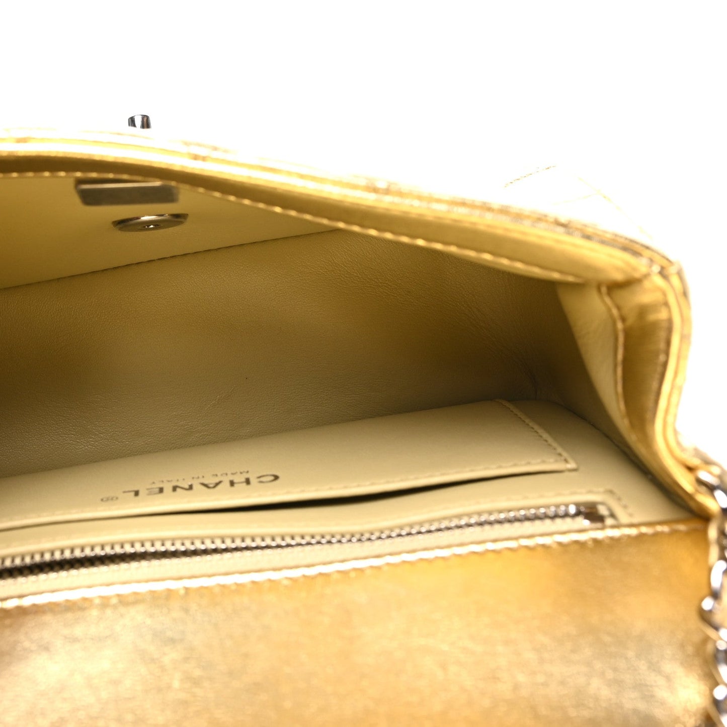 Metallic Lambskin Quilted Mini Rectangular Pearl Crush Flap  Gold