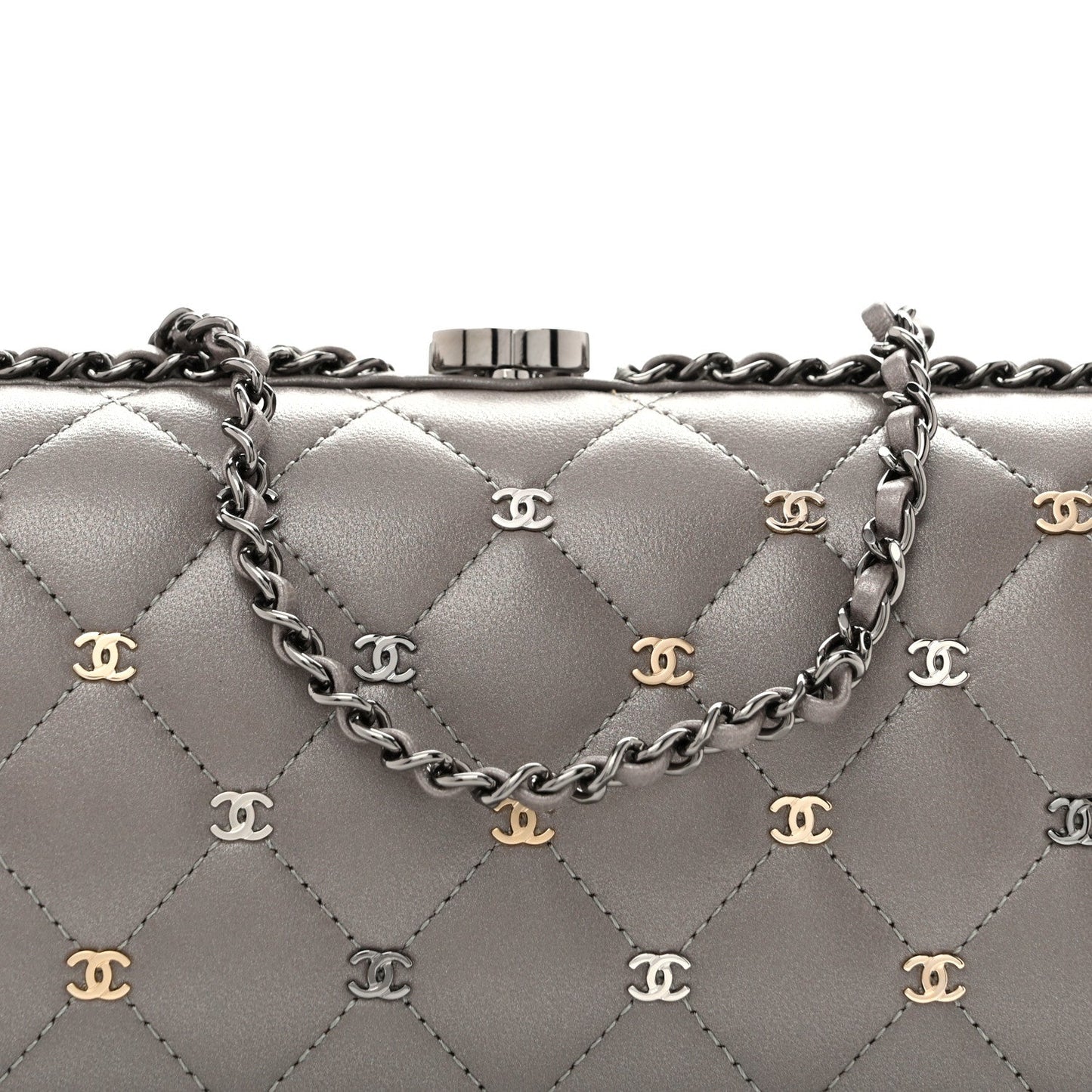 Lambskin Quilted CC Studded Chain Around Clutch Grey