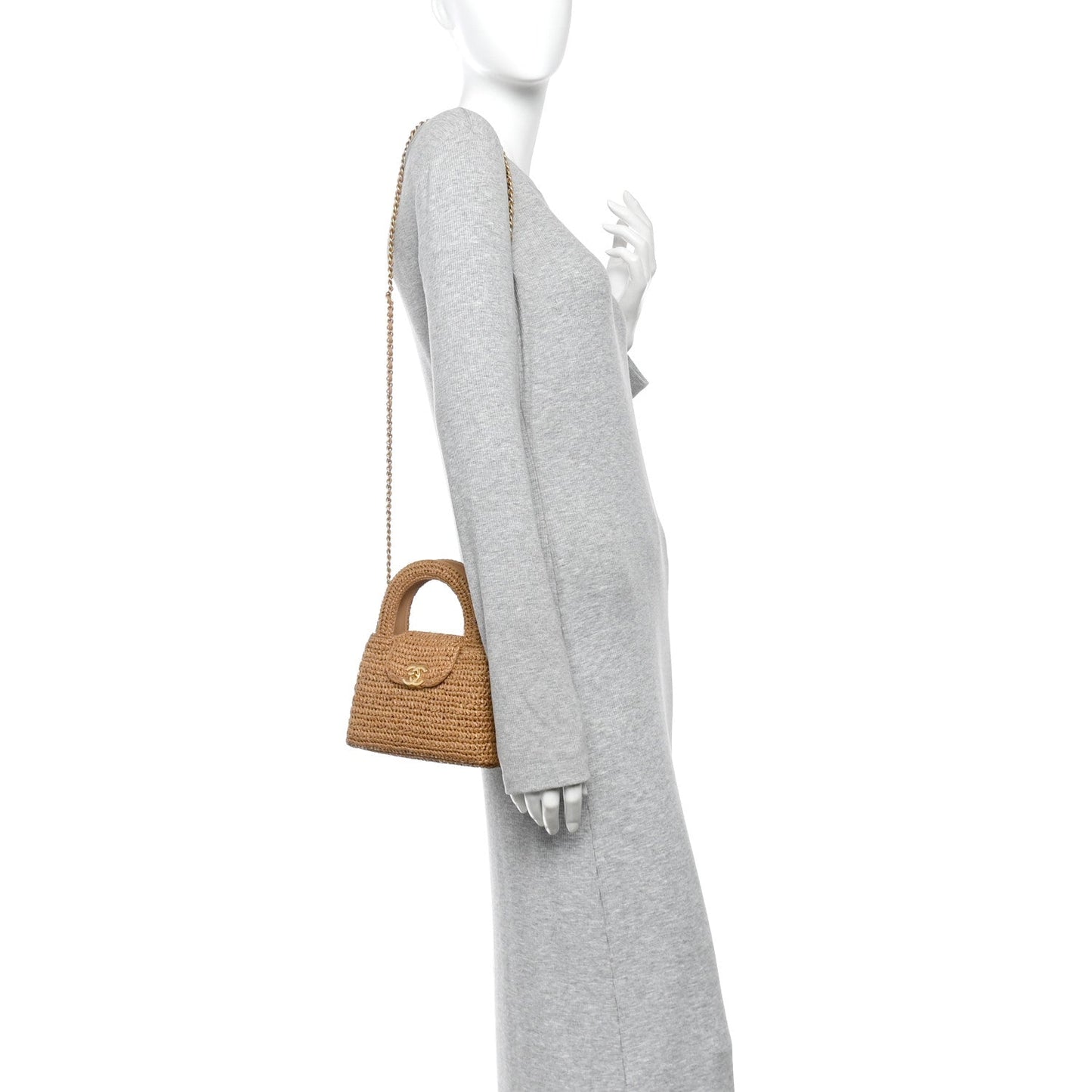 Braided Raffia Nano Kelly Flap Bag Dark Beige
