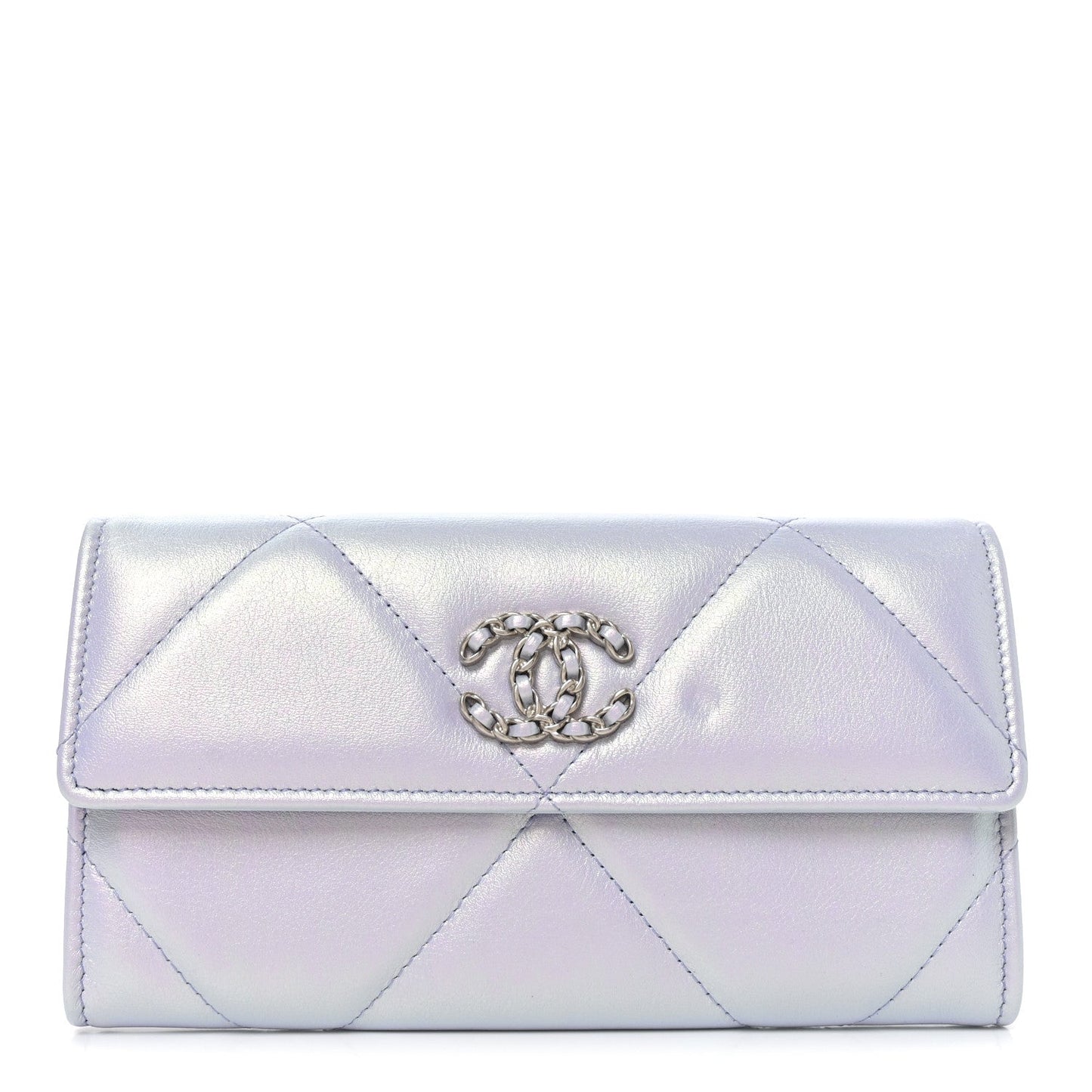Iridescent Calfskin Quilted Chanel 19 Flap Wallet Light Purple
