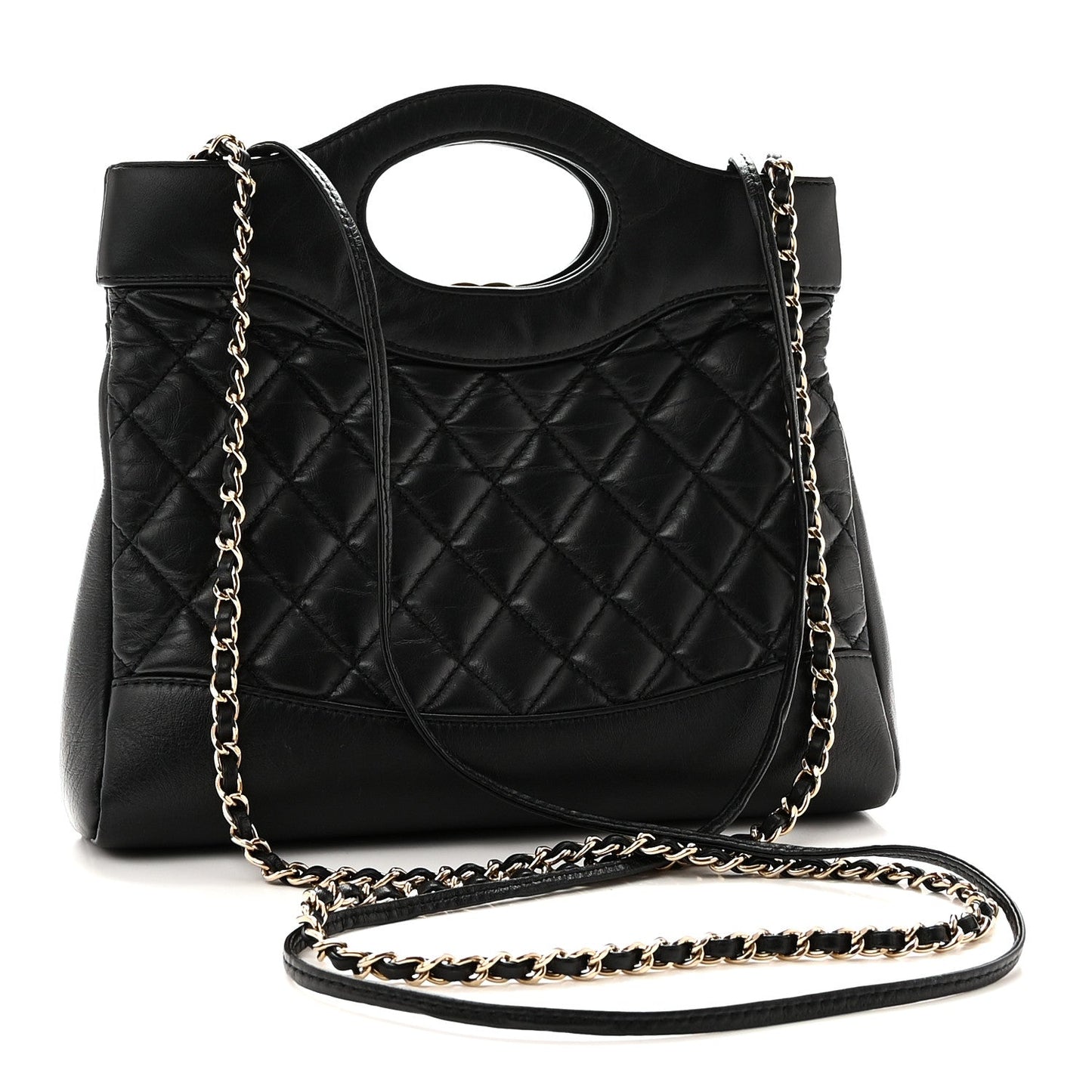 Shiny Crumpled Calfskin Quilted Mini 31 Shopping Bag Black